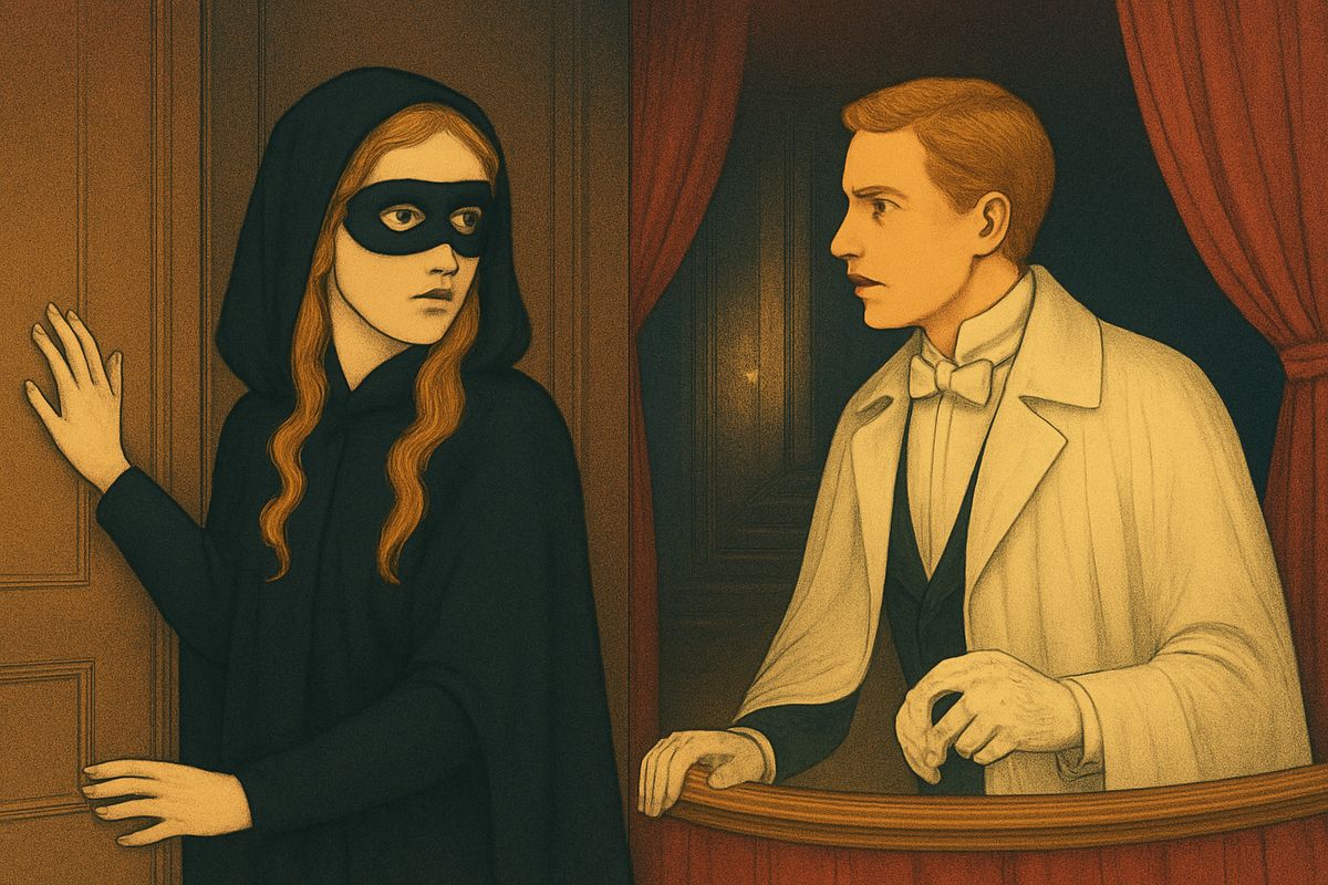 Christine pulled him away to an empty box upstairs. When Red Death came down the stairs outside, Raoul jealously tried to rush after him, but she flung her arms across the door: "In the name of our love, Raoul, you shall not pass!" When he raged at her, she took off her mask and showed a face worn pale with grief. "Dear, it is a tragedy!"
