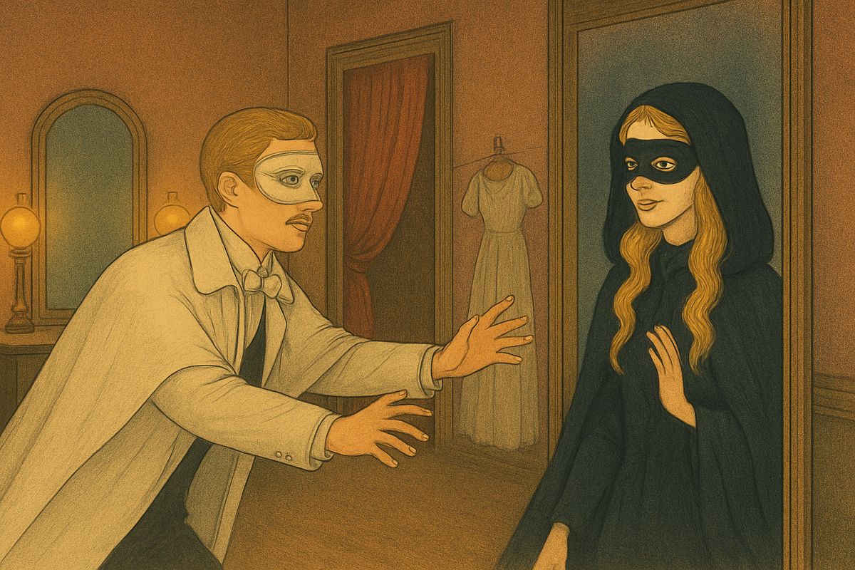 Later Raoul hid behind the curtain in her dressing-room and heard her sigh, "Poor Erik!" Then a wonderful man's voice came singing through the walls, "Fate links thee to me for ever and a day!" Christine walked toward the great mirror, met her own reflection, and vanished. Raoul was left facing only himself.