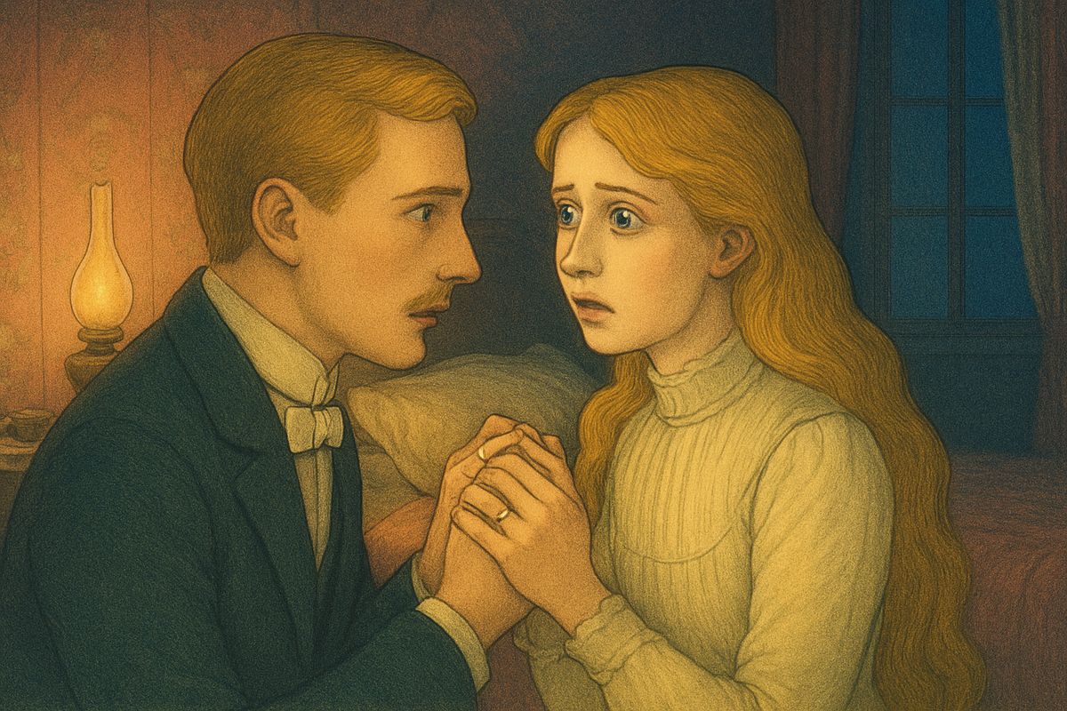 The next day Christine sat by Mamma Valerius' bed, rosy again and coolly distant. Raoul noticed a plain gold ring on her finger, and when he told her that her Angel's name was Erik, she went white with terror. "Unhappy man! Do you want to be killed?" she whispered, and begged him to forget the man's voice.