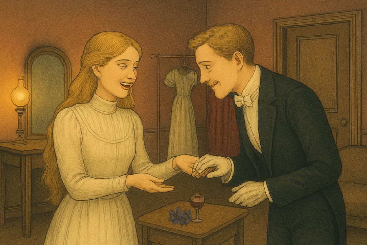 Christine still wore the plain gold ring, but Raoul's polar expedition was only a month away, and she had a merry idea: a secret engagement. Every afternoon in her dressing-room they dined on three biscuits, two glasses of port and a bunch of violets. "This is a happiness that will harm no one," she said.