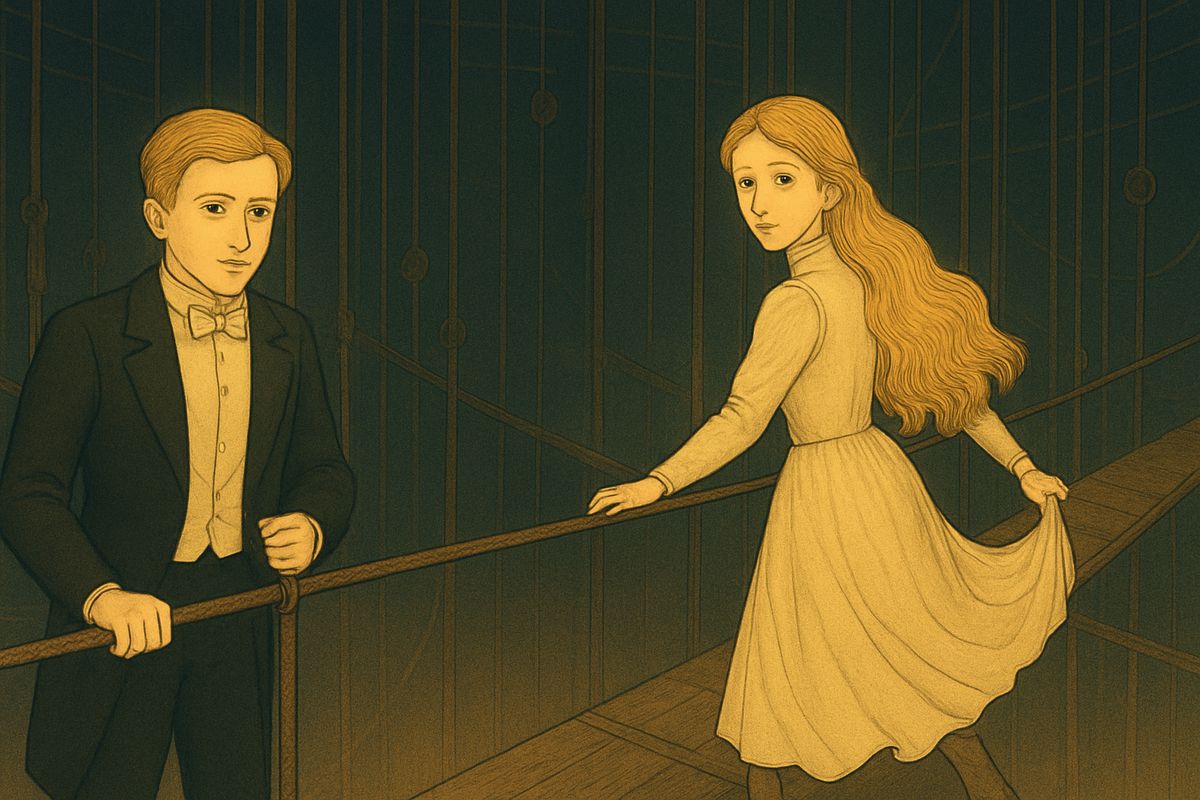 The spell was broken, so Christine led Raoul through her make-believe empire instead: the painted garden of a stage set, the little girls' dancing-school where she handed out sweets, and, high above the clouds, the grid, where she ran ahead along frail bridges among thousands of ropes. When he hesitated, she pouted, "You, a sailor!"