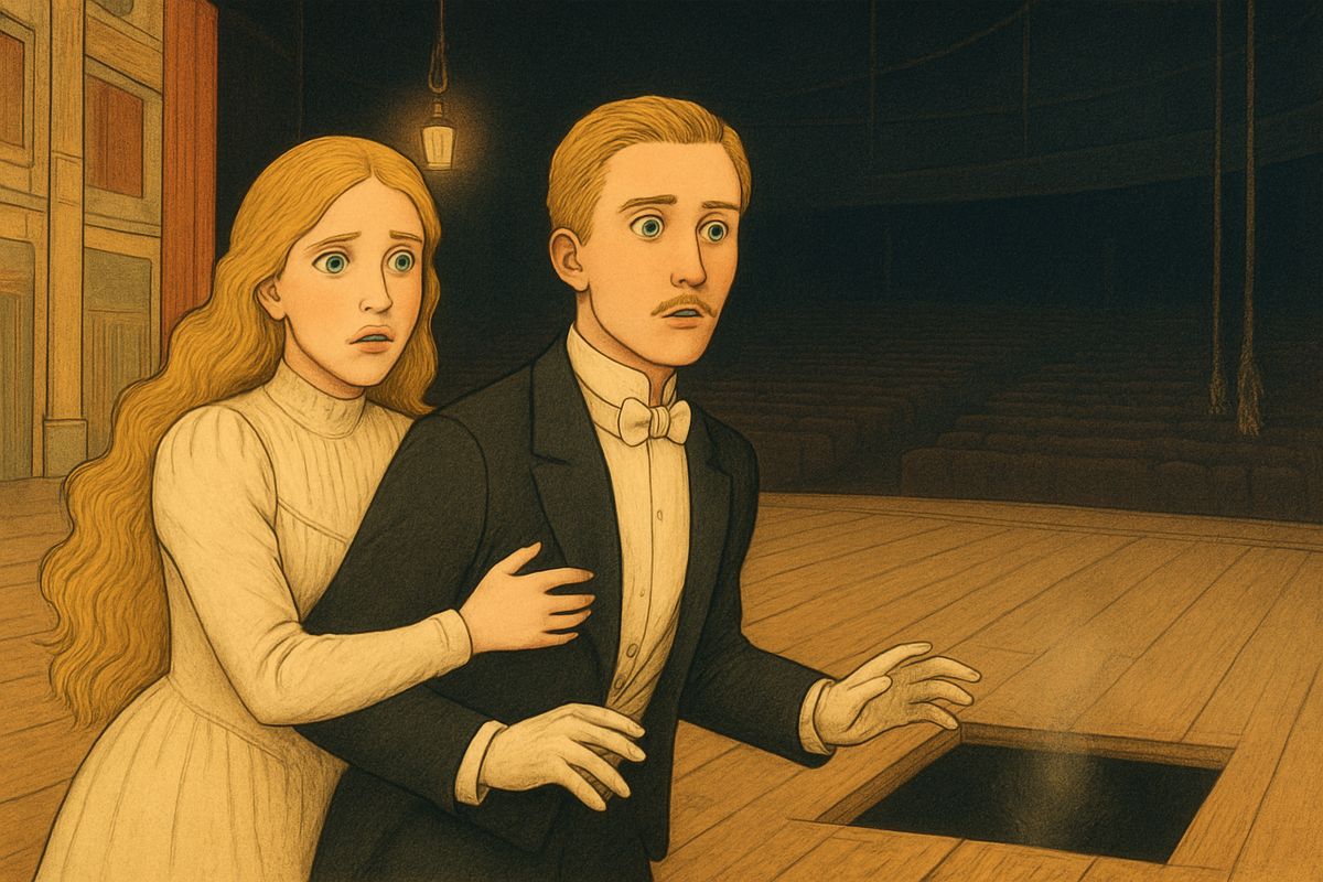 But Christine grew nervous and started at shadows. When Raoul stopped over an open trap-door, she clutched him: "Everything that is underground belongs to him!" As she dragged him away, the trap-door snapped shut so quickly that neither of them saw the hand that worked it.