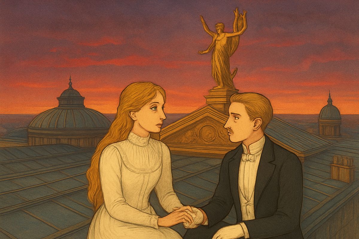 One afternoon, pale and red-eyed, Christine fled with Raoul far from the trap-doors, up through the rafters to the lead roof. At sunset they sat beneath the bronze Apollo and she began her confession: for months a heavenly voice in her dressing-room had taught her to sing, and she had believed it was the Angel of Music her father had promised.