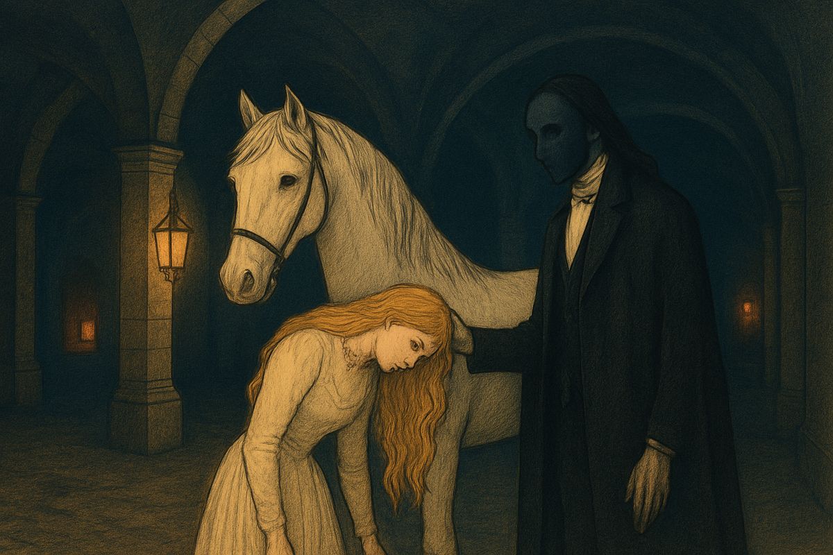 On the night the chandelier fell, the voice sang to her, and her dressing-room seemed to stretch away into the mirror. Suddenly she was in a dark passage, seized by a masked man in a cloak. He set her on Cesar, the white horse of the Profeta, and they wound downward past distant furnaces where black figures fed the red fires.