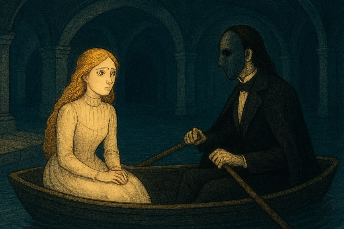 On the shore of a leaden lake the masked man rowed her across the black water, his eyes never leaving her. Beyond lay a drawing-room crowded with beribboned flowers, and there he spoke, and it was the voice. "I am not an Angel, nor a genius, nor a ghost ... I am Erik!"
