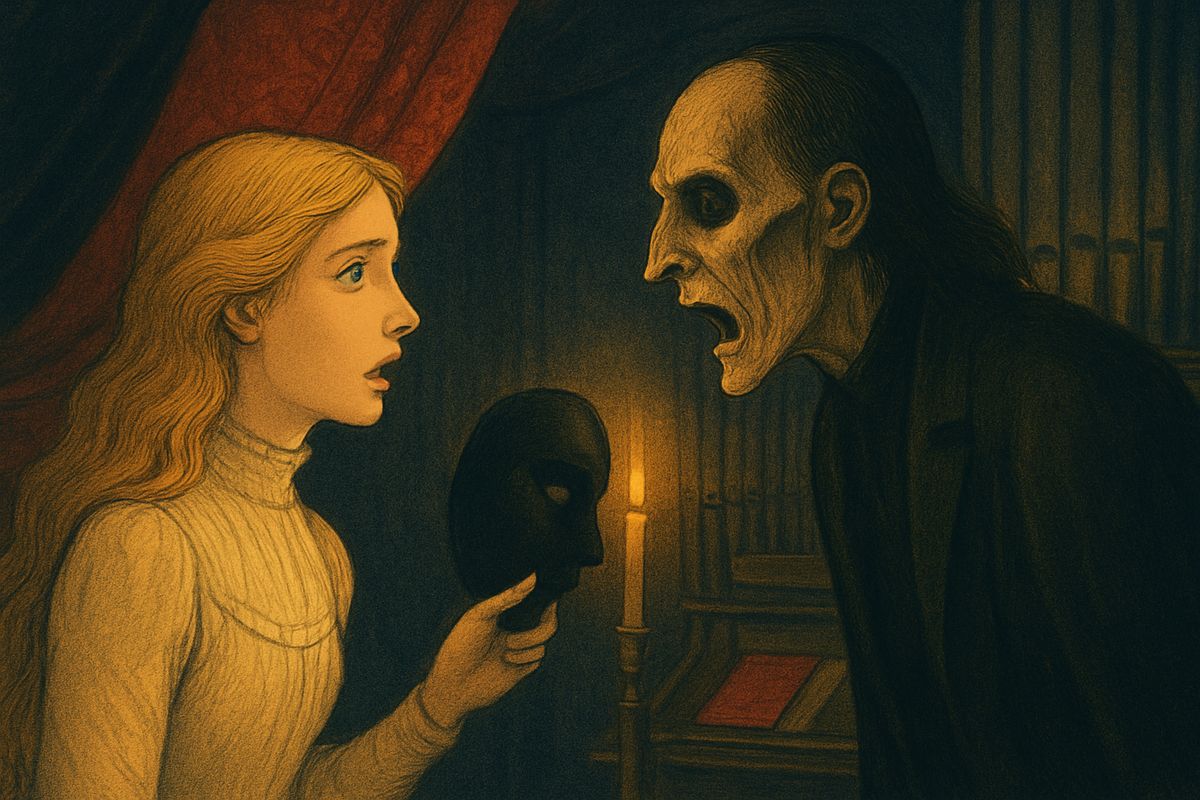 Erik showed her his black-draped room with its coffin bed and the organ where he composed Don Juan Triumphant. Later, as they sang Othello, Christine tore off his mask and saw a living death's-head. Erik roared with grief and rage, then crawled away sobbing to his organ, and his music moved her so deeply that she swore she would not fear his face.