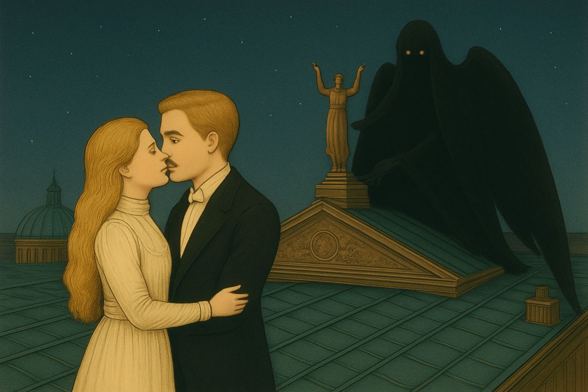 To win her freedom she had lied to him, Christine said, and now she must go back one last time; after tomorrow night's singing, Raoul would carry her away. "Take my lips, for the first time and the last." As they kissed, they saw a huge night-bird with blazing eyes clinging to the string of Apollo's lyre above them.