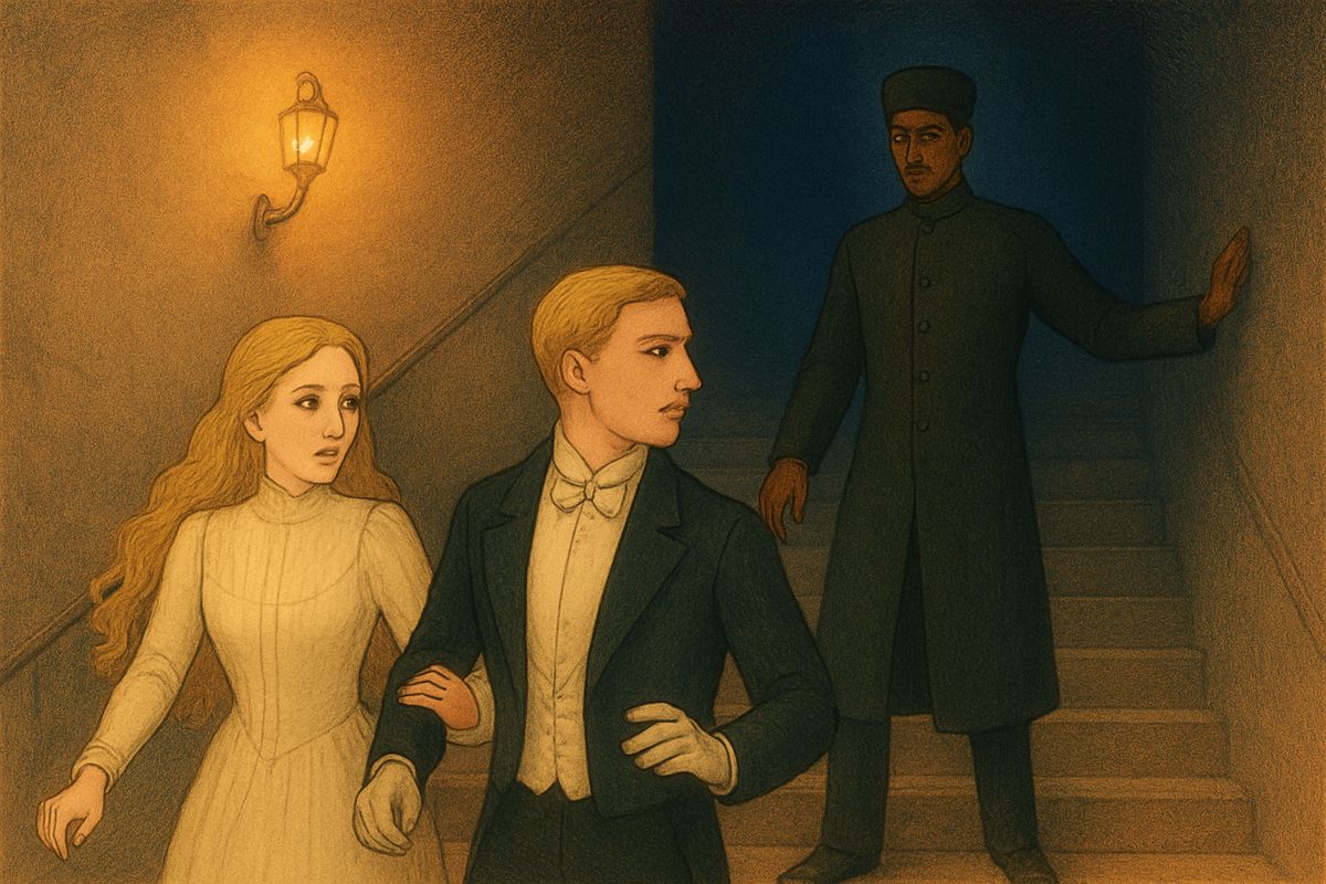 Running down from the roof, away from the blazing eyes, Raoul and Christine found a strange figure blocking the stairs on the eighth floor. It wore a long frock-coat and a pointed cap and waved them toward another passage. "Quick! Go away quickly!" "Who is he?" Raoul asked. "The Persian," Christine whispered. "He is always in the Opera."