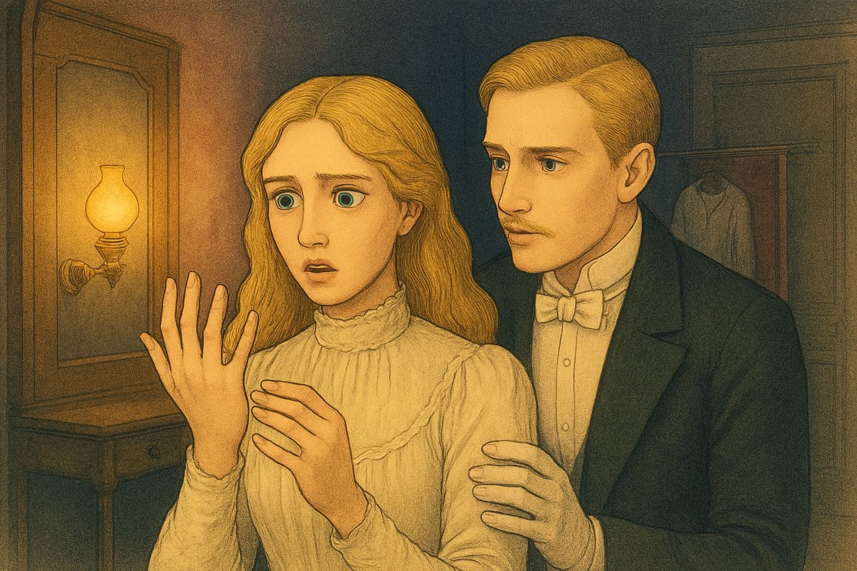 In her dressing-room they planned to flee together at midnight the next day. Then Christine went deathly pale. Erik's plain gold ring was gone from her finger. She guessed it had slipped off during their kiss under Apollo's lyre. "Woe to us both!" she cried, because Erik had sworn to take revenge if she ever parted with it. Even so, she would not run away that night.