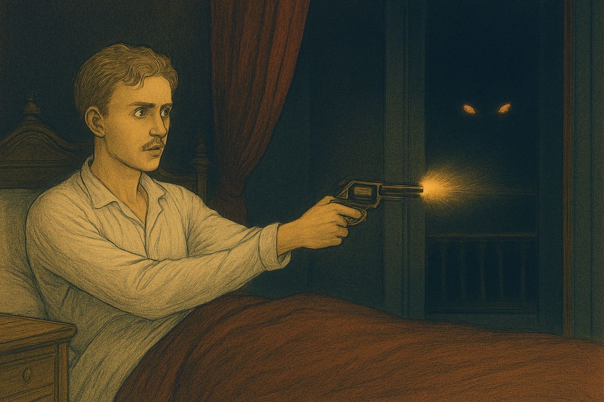 That night in bed Raoul shouted "Humbug!" into the dark three times. Then two eyes like blazing coals appeared at the foot of his bed. He took his revolver, aimed a little above them and fired. The eyes vanished. On the balcony the servants found a trail of blood that ran along the rail and up the gutter-spout. "A ghost who bleeds is less dangerous!" Raoul said.