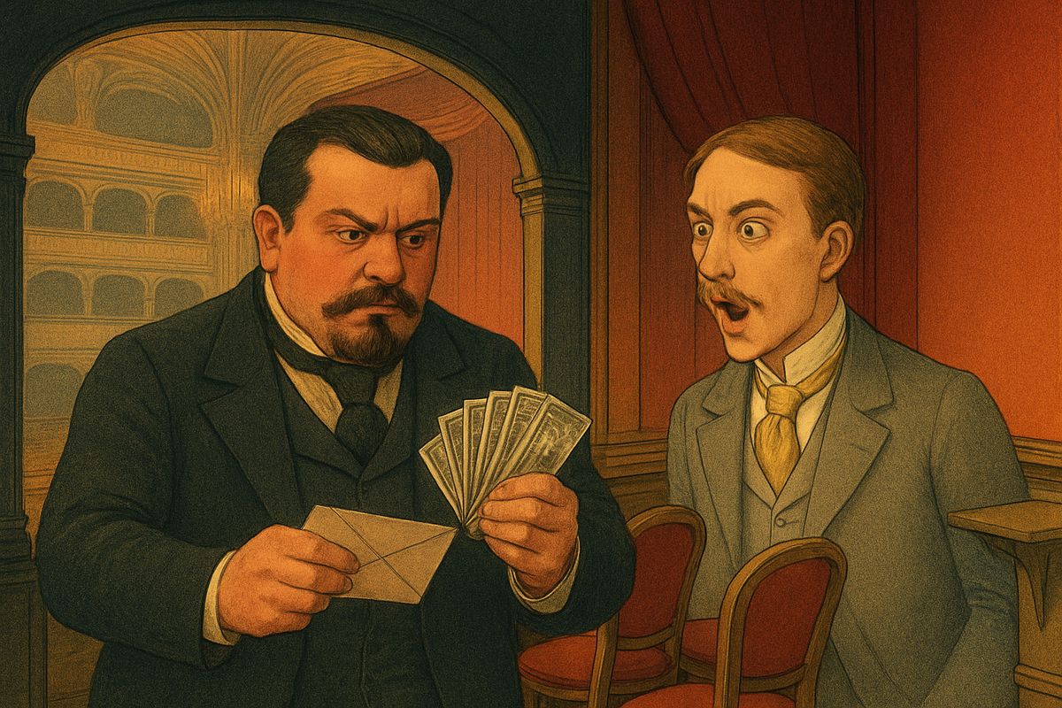 The Opera Ghost had already been paid his first twenty thousand francs. Mme Giry carried the sealed envelope to Box Five while the managers watched it all evening. But when they finally broke the unbroken seals, the real notes were gone, and in their place were twenty fakes from the 'Bank of St. Farce.'