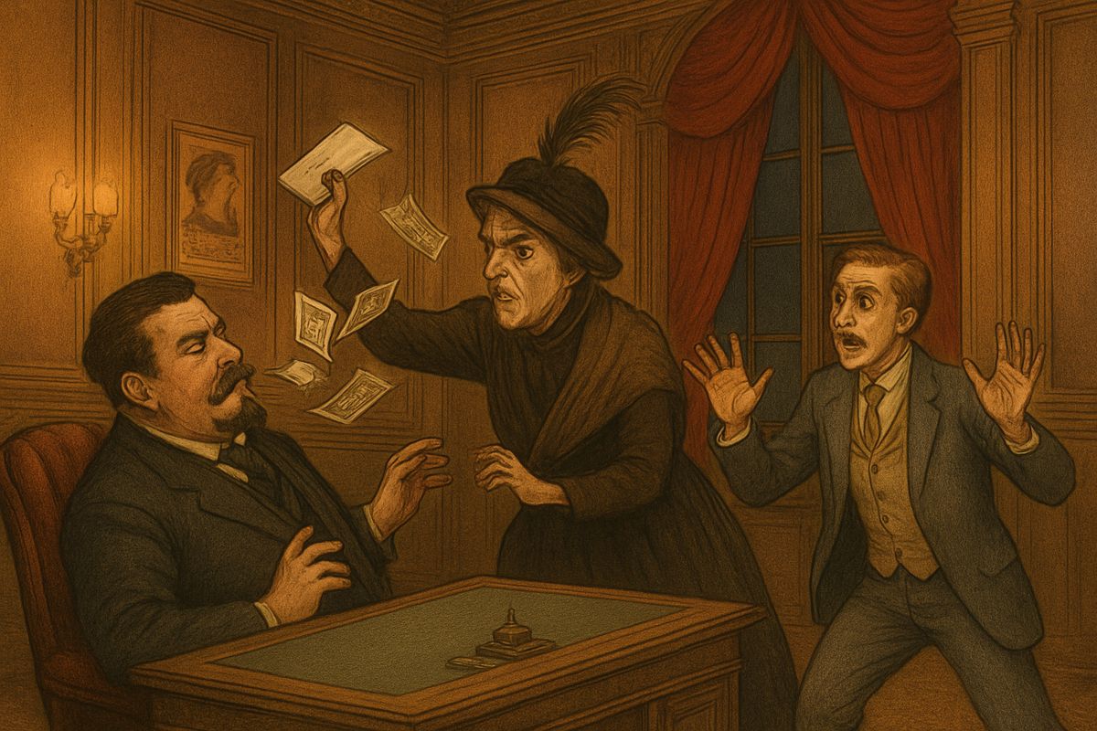 When the second payment fell due, Richard accused Mme Giry of theft. She proudly recited the Ghost's letter promising that her Meg would be Empress, then slapped Richard's ear with the envelope, and the notes flew everywhere. Finally she confessed that she always swapped the envelopes, and that the real one went into Richard's coat-tail pocket.