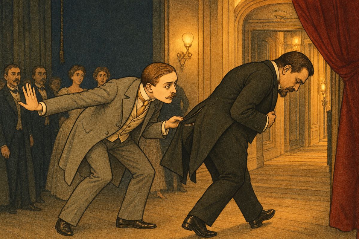 Now each manager half-suspected the other, so they re-staged the night of the first payment exactly. Mme Giry slipped the envelope into Richard's pocket and was promptly locked away. Then Richard bowed and walked backward through the wings before nobody at all, with Moncharmin following close behind and waving the astonished onlookers away.