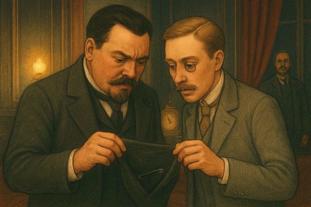 Locked in their office, Moncharmin pinned the notes inside Richard's pocket with a safety-pin and watched them without blinking. At the last stroke of midnight he felt the pocket. They tore it inside out. 'I can feel the pin, but I can't feel the notes!' The pin was still in its place, but the pocket was empty.