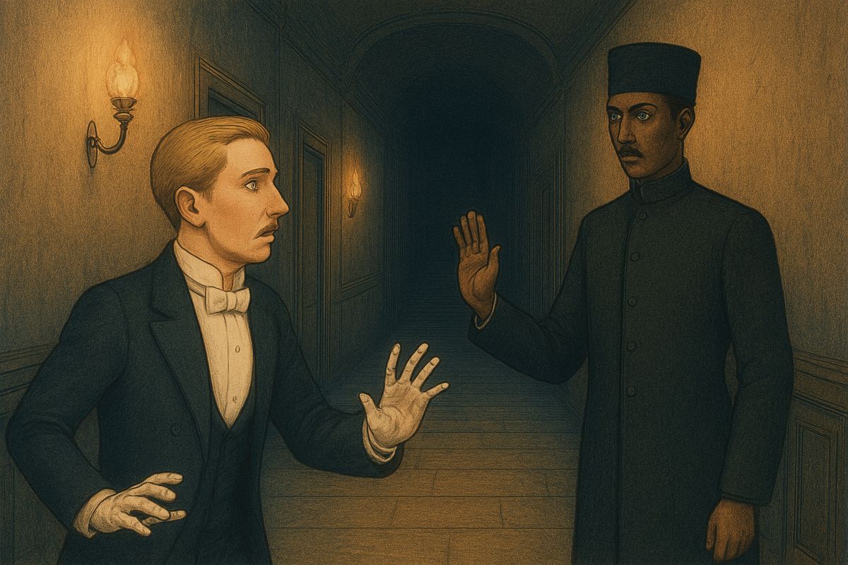 Commissary Mifroid came to hunt for the vanished Christine. He scoffed at Raoul's story of Erik, the Angel of Music, and announced that Count Philippe had carried her off by carriage on the Brussels road. Raoul ran out to chase them, but in the very first corridor a tall man in an astrakhan cap blocked his way. 'I am the Persian!'