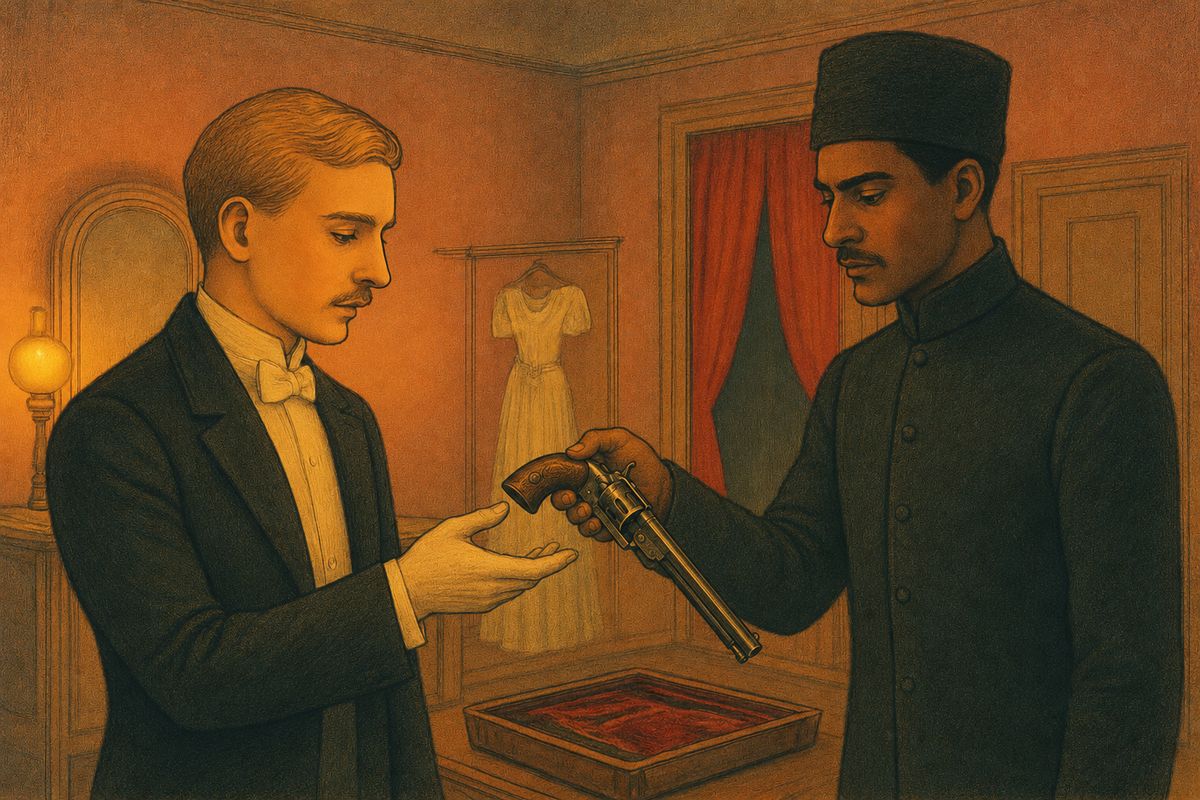Raoul was rushing off to find Christine when the Persian stopped him and led him back to her dressing-room. There his servant brought a pair of long pistols. The Persian said Erik had built these walls himself, and that in Persia they called him the 'trap-door lover.' "I do not hate him," he said sadly. "If I hated him, he would long ago have ceased doing harm."
