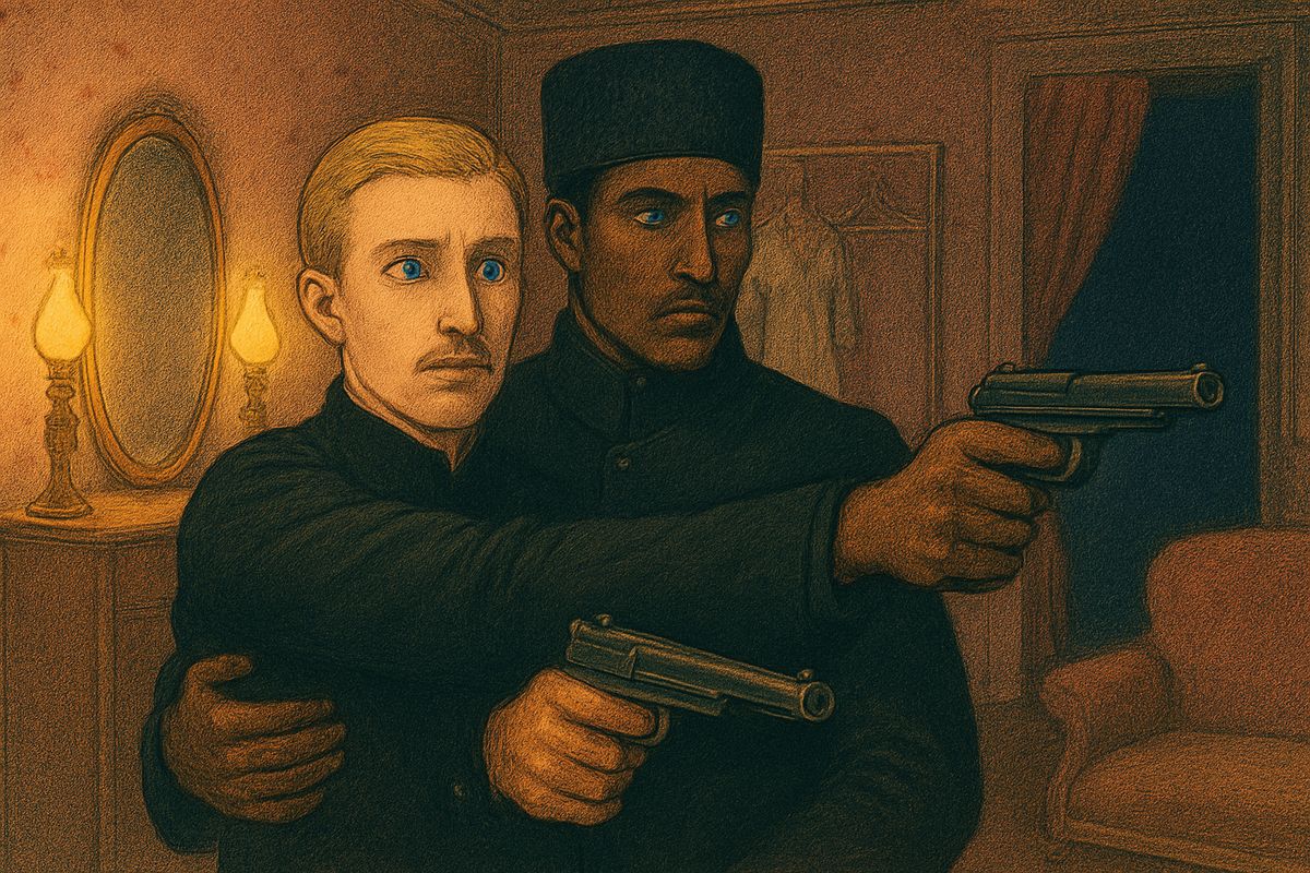 The Persian pressed a hidden spring in the wallpaper, then waited by the great mirror with his pistol raised. At first their reflection only rippled like water. Then, all at once, the mirror rose, swung round on its pivot in a blaze of cross-lights, and carried the two men out of the bright room into total darkness.