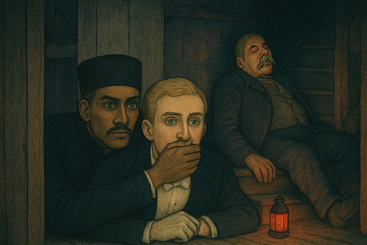They dropped through a trap-door into the cellars and hid behind a partition while the police commissary searched nearby. Mauclair, the chief gas-man, and his two assistants lay sprawled at the foot of the stairs. They weren't dead, just drugged into a deep sleep, and that was how the stage lights had failed at the moment Christine vanished. The Persian whispered one word: "HE!"