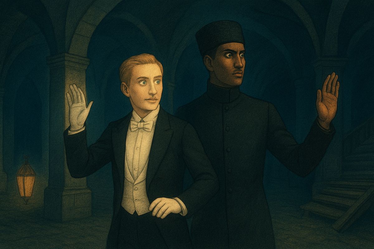 When the police had gone, the Persian made Raoul hold one hand at eye level with the arm bent, as if waiting for the word to fire, and keep it there. As they went down into the deep cellars he explained only that it was a matter of life and death. Raoul didn't know why, but a raised arm meant Erik's Punjab lasso could not close round a throat alone.