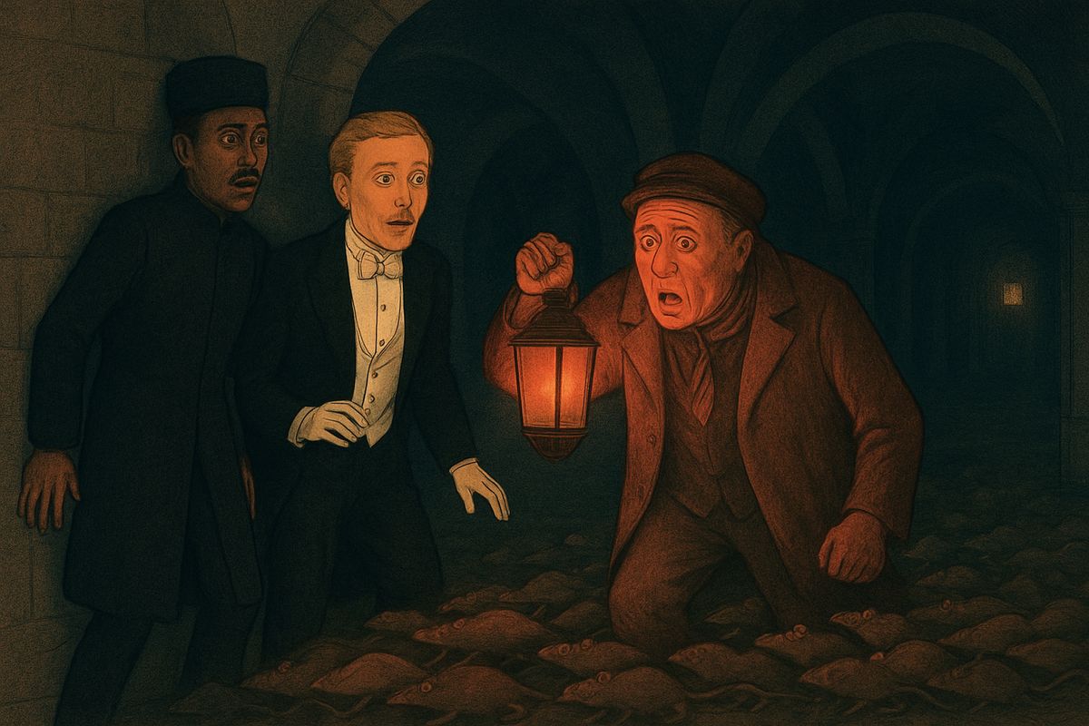 In the fifth cellar a floating head of fire came at them through the dark, with a dreadful scratching noise behind it. Pressed against the wall, they felt a flood of rats pour over their feet and up their legs. Then the head called out: "Don't move! I am the rat-catcher! Let me pass, with my rats!" He was only a man with his lantern turned on his own face.