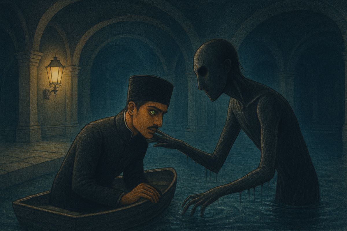 There was no way in across the lake. The Persian had once rowed out there, drawn on by a sweet voice singing from under the water. Then two arms had shot up from below and dragged him in. It was Erik, breathing through a hollow reed. He had recognised his old friend, let him go and laughed: "Never get into my boat again!"
