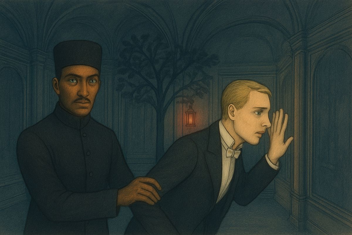 Deep beneath the Opera, the Persian and Raoul had dropped into a six-sided room lined with mirrors, an iron tree with an iron branch standing in one corner. Through the wall they heard a moan, then the monster's voice: "You must make your choice! The wedding mass or the requiem mass!"