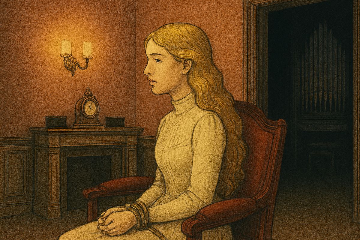An electric bell rang and Erik left to answer it. At once Raoul called through the wall, and a faint voice answered. Christine was bound tight. Erik, she whispered, would blow them all up unless she said yes by eleven tomorrow night. The key of their prison lay in a leather pouch by the organ, "the bag of life and death."