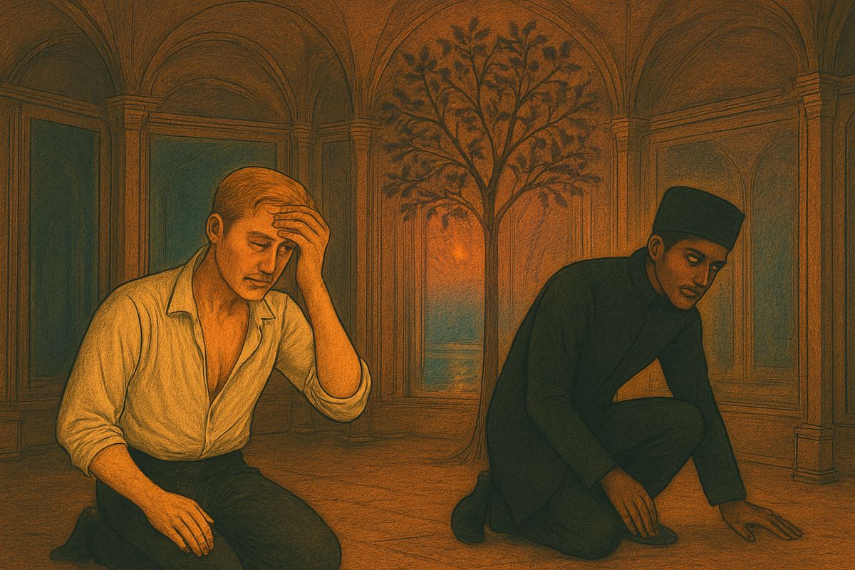 The heat rose until they were roasting. Raoul saw Christine among the trees and fired at a roaring lion, though only a mirror broke. At dawn a desert lay around them, then a shining oasis. They crawled to it and licked the glass, which was burning hot. Exhausted and desperate, Raoul sank to his knees as the Persian searched the floor for an escape.
