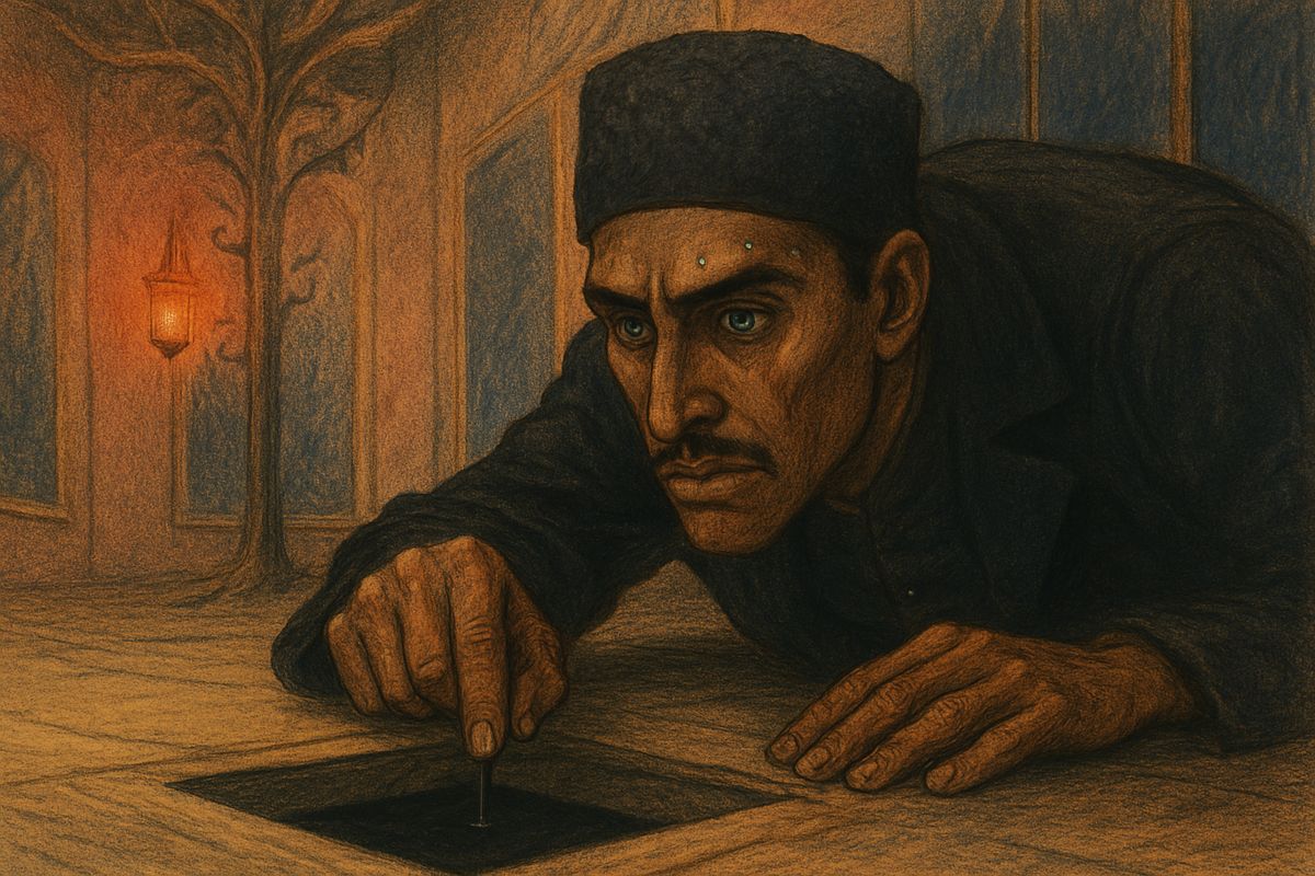 Beside the lasso at the foot of the iron tree, the Persian saw a black-headed nail in a groove in the floor. He snatched the pistol from Raoul and pressed the nail. No door opened in the wall. Instead, a trap-door dropped open in the floor, and cool air rose from the darkness below.