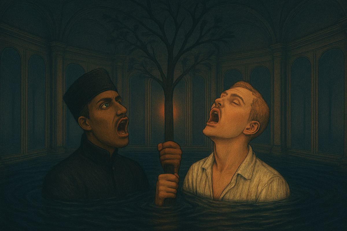 There was no explosion, only a hiss and a gurgle. Water poured over the powder barrels, up the stair and across the mirror floor, and nobody turned it off. Whirled against the dark glass, the two men caught the iron tree and clung to its branch as the water rose toward the ceiling. "Erik! Christine!"