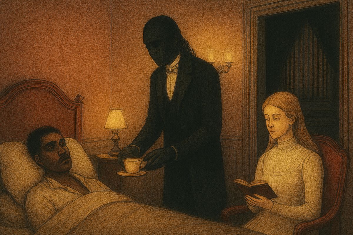 The Persian woke in a prim little bedroom deep under the Opera, full of waxed mahogany chairs, antimacassars and shells. "It is all that I have left of my poor unhappy mother," Erik whispered. Raoul slept on a sofa. Christine moved about without a word, silent as a nun. Erik said he would take them up to the surface, to please his wife.