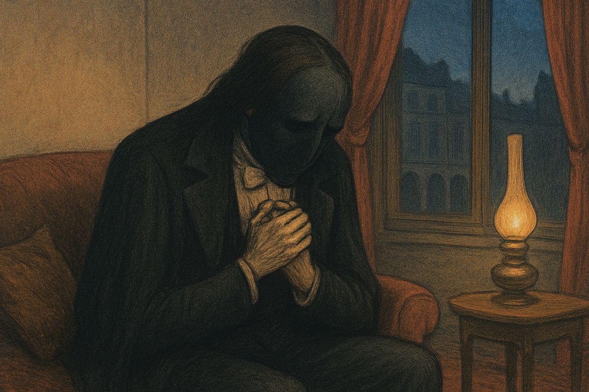 The Persian was writing everything down when Erik himself came in, weak and white as wax, saying he was dying of love. He sobbed as he told it. Christine had let him kiss her forehead and had not died. She had wept with him and mingled her tears with his, and she had whispered, "Poor, unhappy Erik!"