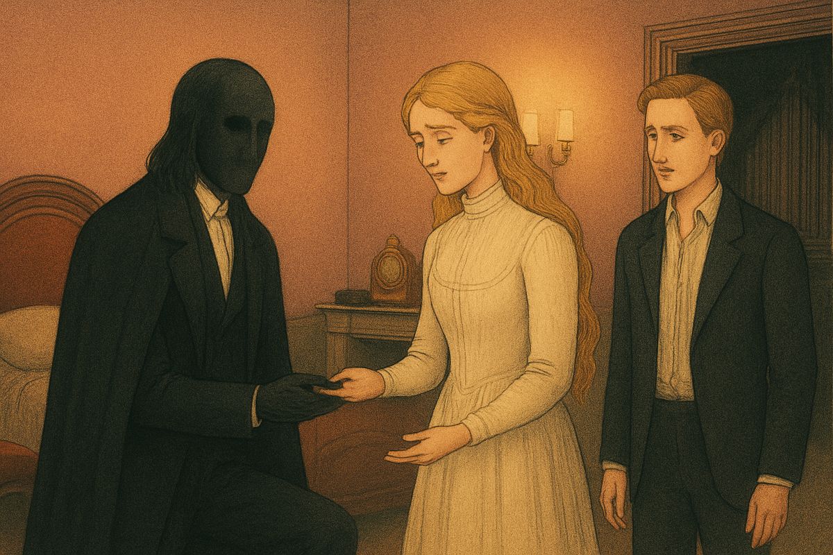 Erik had pressed the plain gold ring into Christine's hand as his wedding gift for her and Raoul, then freed the young man and let the lovers go, after she promised to bury him one day with the ring. That night a cab took Erik back to the Opera. Three weeks later the Époque printed a single line: "Erik is dead."
