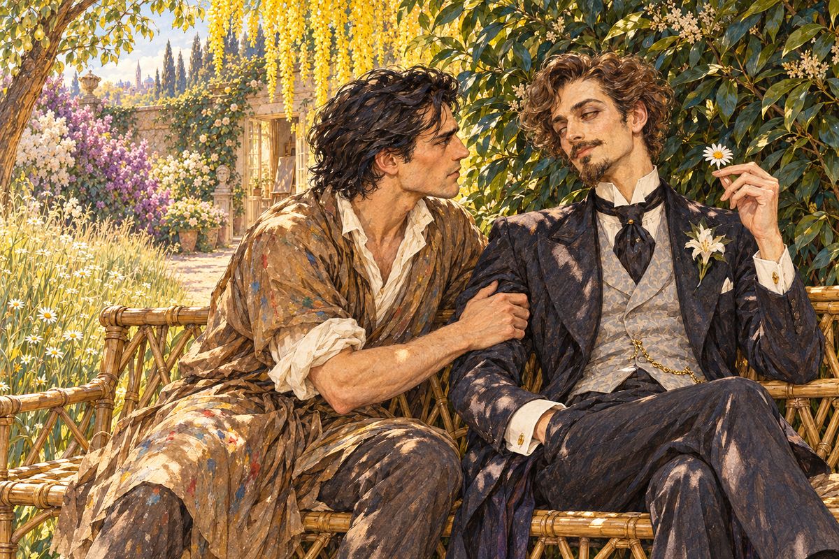 Out on a bamboo seat beneath the laurel, Basil confessed that since meeting Dorian Gray at Lady Brandon's party he had painted him every day. When the butler announced Dorian, Basil gripped Harry's arm. 'Don't spoil him. Don't try to influence him. Your influence would be bad. Mind, Harry, I trust you.'