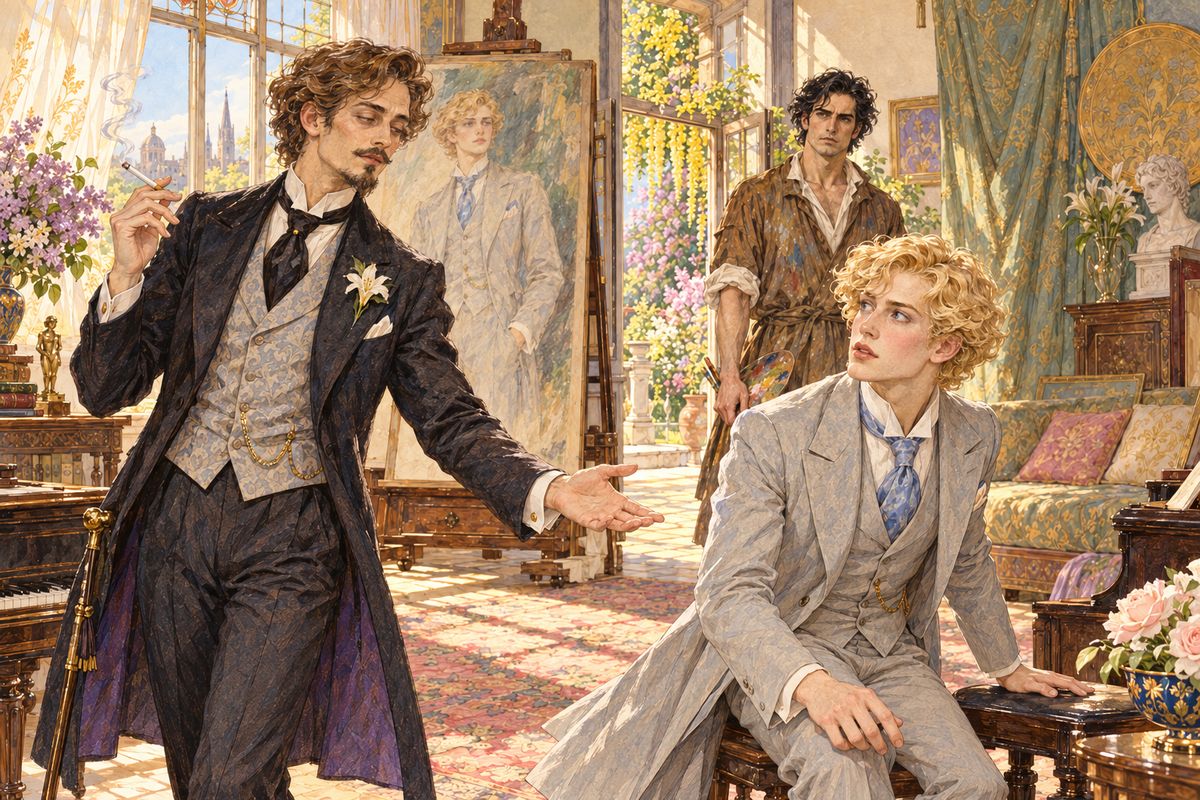 Inside, Dorian Gray sat at the piano leafing through Schumann. When he turned, golden-haired and blue-eyed, a faint blush rose in his cheeks. Lord Henry saw at once why Basil worshipped him: all the candour and purity of youth was in that face. When Basil asked Harry to leave, Dorian begged him to stay.