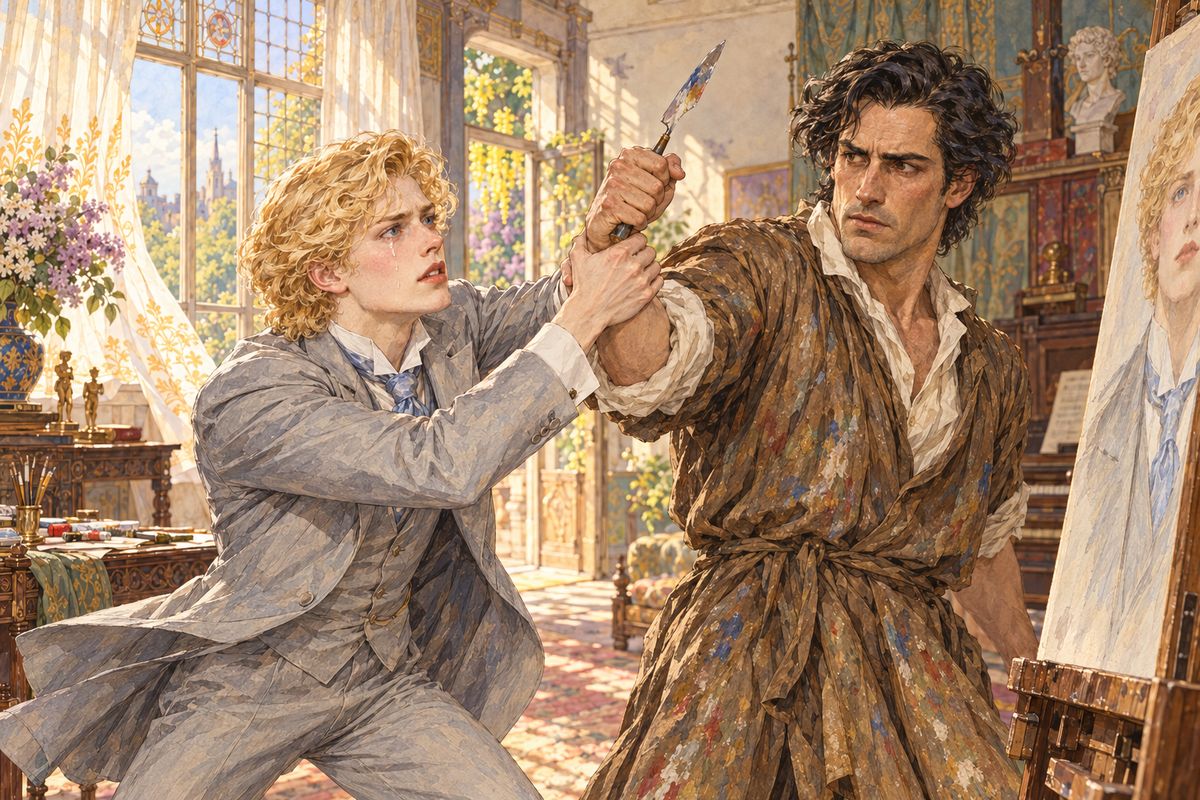 Dorian turned bitterly on Basil and flung himself weeping onto the divan. Rather than let the picture spoil their lives, Basil seized a long palette knife to rip the canvas. Dorian leapt up, tore the knife from his hand and hurled it across the room. 'Don't, Basil, don't!' he cried. 'It would be murder!'