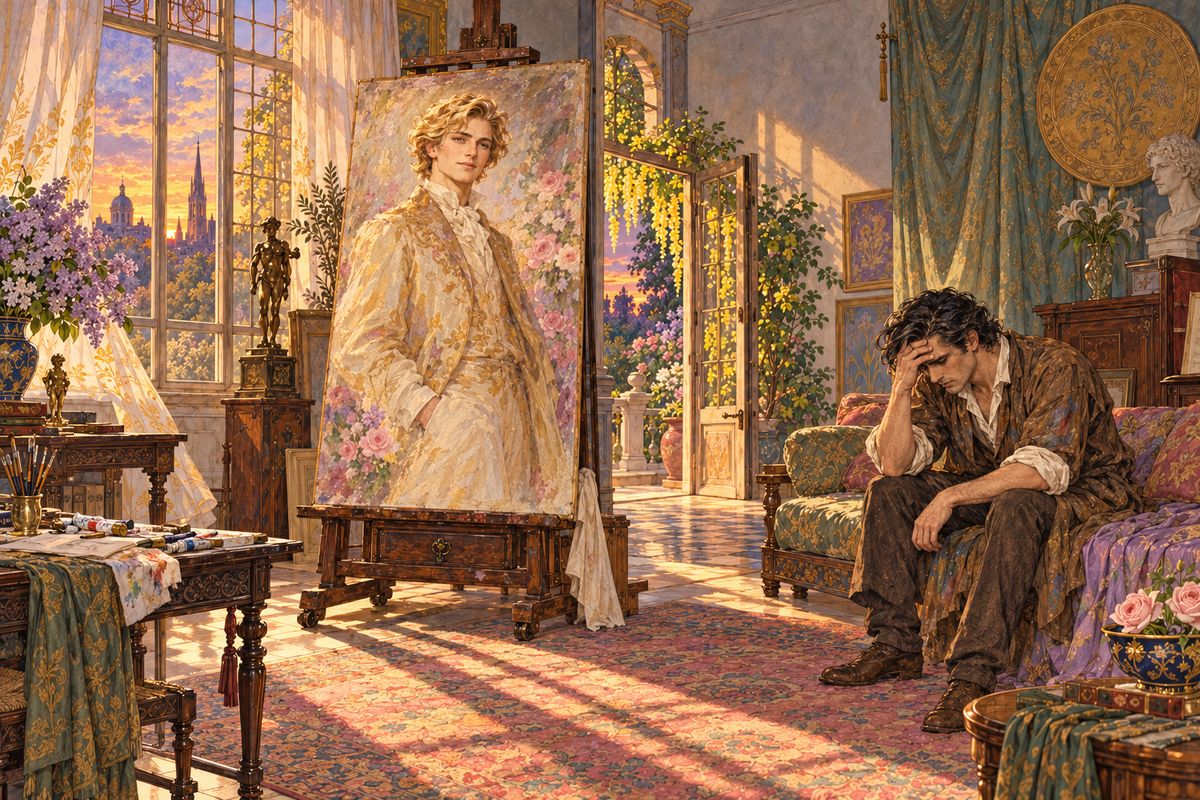 When Harry proposed the theatre, Basil begged Dorian to stay and dine with him instead, but after a glance at Harry, Dorian said he must go. 'I shall stay with the real Dorian,' Basil said sadly. As the door closed behind the two, the painter flung himself down on a sofa, and a look of pain came into his face.