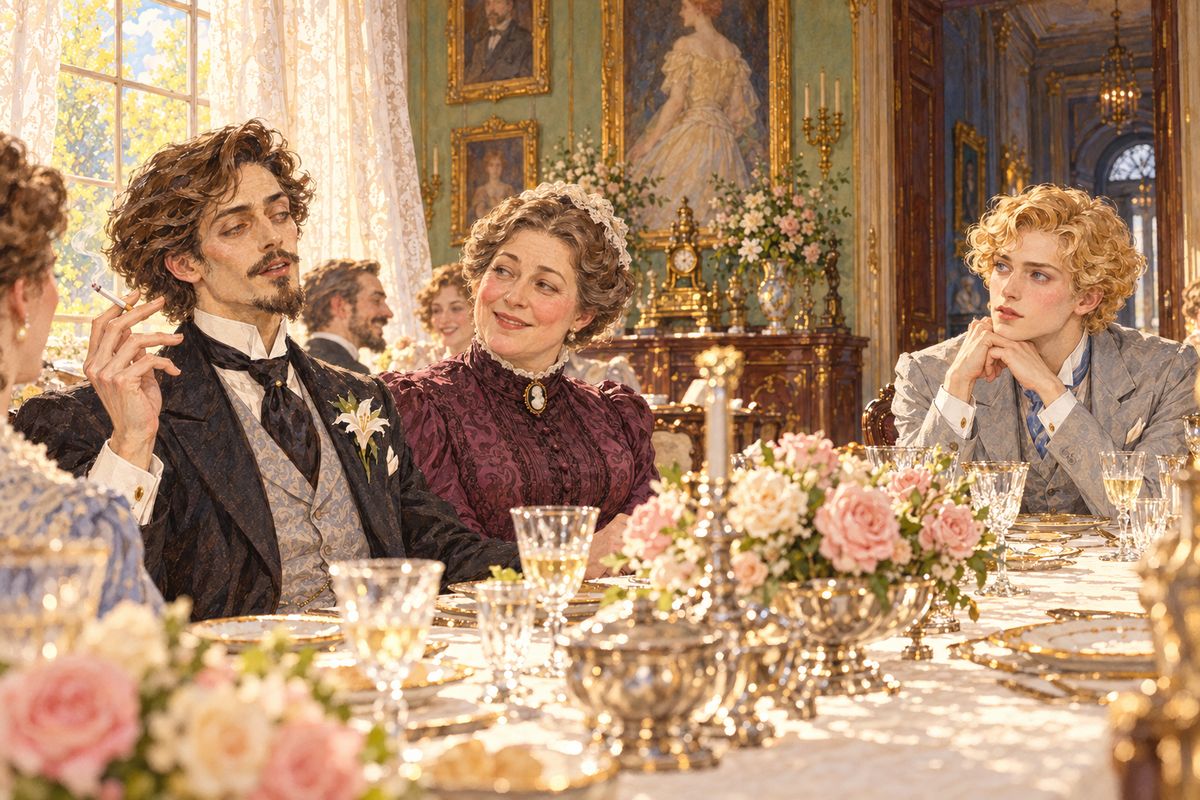 At Aunt Agatha's lunch Harry arrived late and soon held the whole table, from the ample duchess to a stiff Radical MP. When the duchess asked how to be young again, he told her to repeat her follies. "The only things one never regrets are one's mistakes." Laughing, the guests followed his dazzling praise of folly, while Dorian watched him as if under a spell.