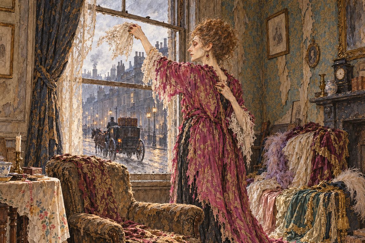 That evening James forced his mother to admit she had never married his father, a gentleman. He kissed her goodbye and swore to track down and kill any man who wronged his sister. Then trunks were carried down, and as his cab rattled away, Mrs. Vane waved her tattered lace handkerchief from the window, disappointed that the grand scene had been wasted.