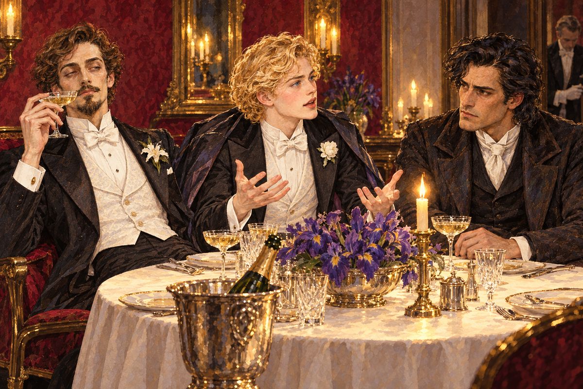 At the Bristol, Lord Henry told a dismayed Basil the news before Dorian arrived, flushed and handsome, to tell them how he had kissed Rosalind. Harry teased about pleasure, but Dorian would not listen. "Her trust makes me faithful, her belief makes me good." Following the brougham to the theatre alone in a hansom, Basil felt he had lost his friend.