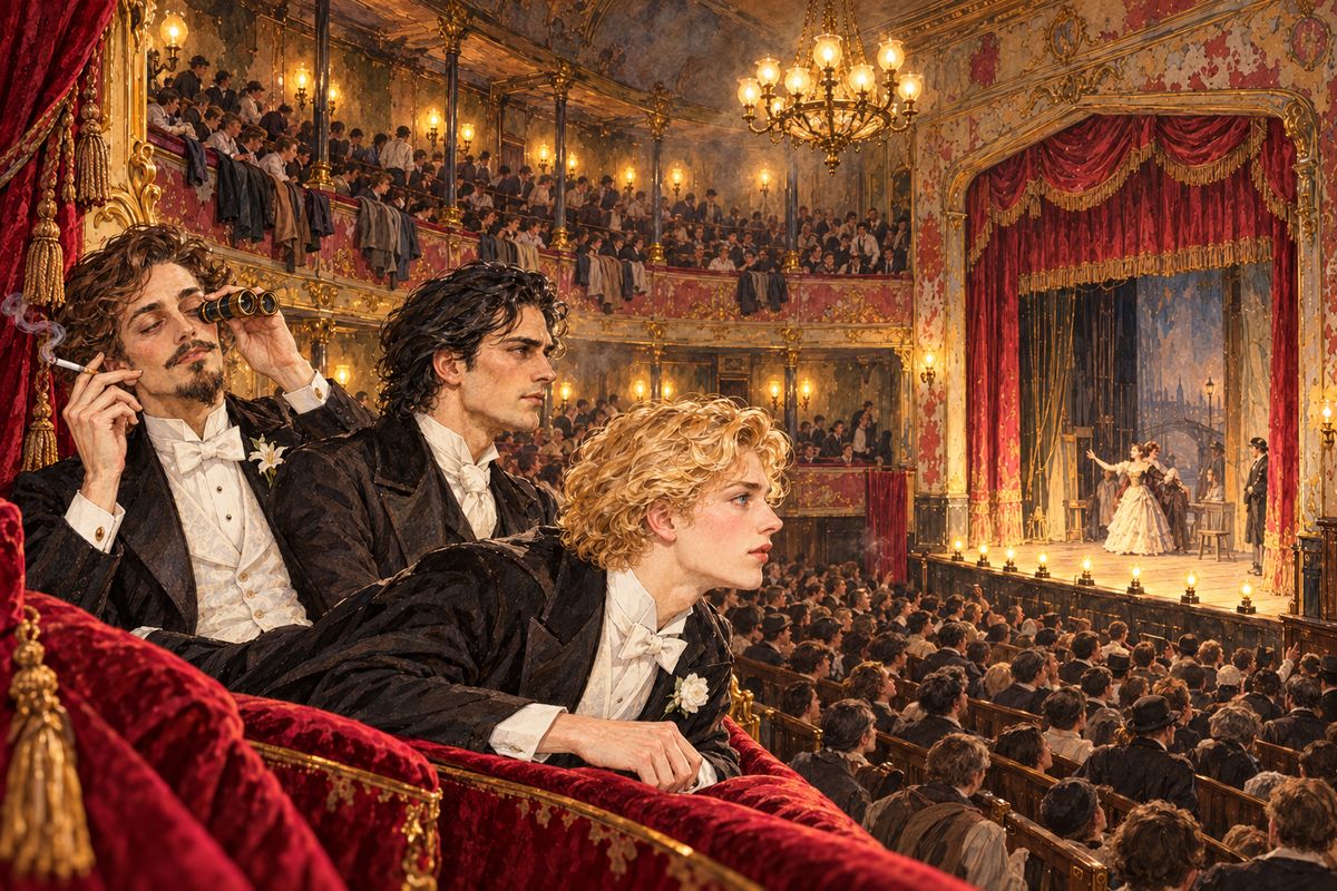 On the night of the play the shabby theatre was crowded and stiflingly hot. Dorian brought Harry and Basil to see Sibyl act and sat with them in a box above the noisy pit. "What a place to find one's divinity in!" Lord Henry murmured.