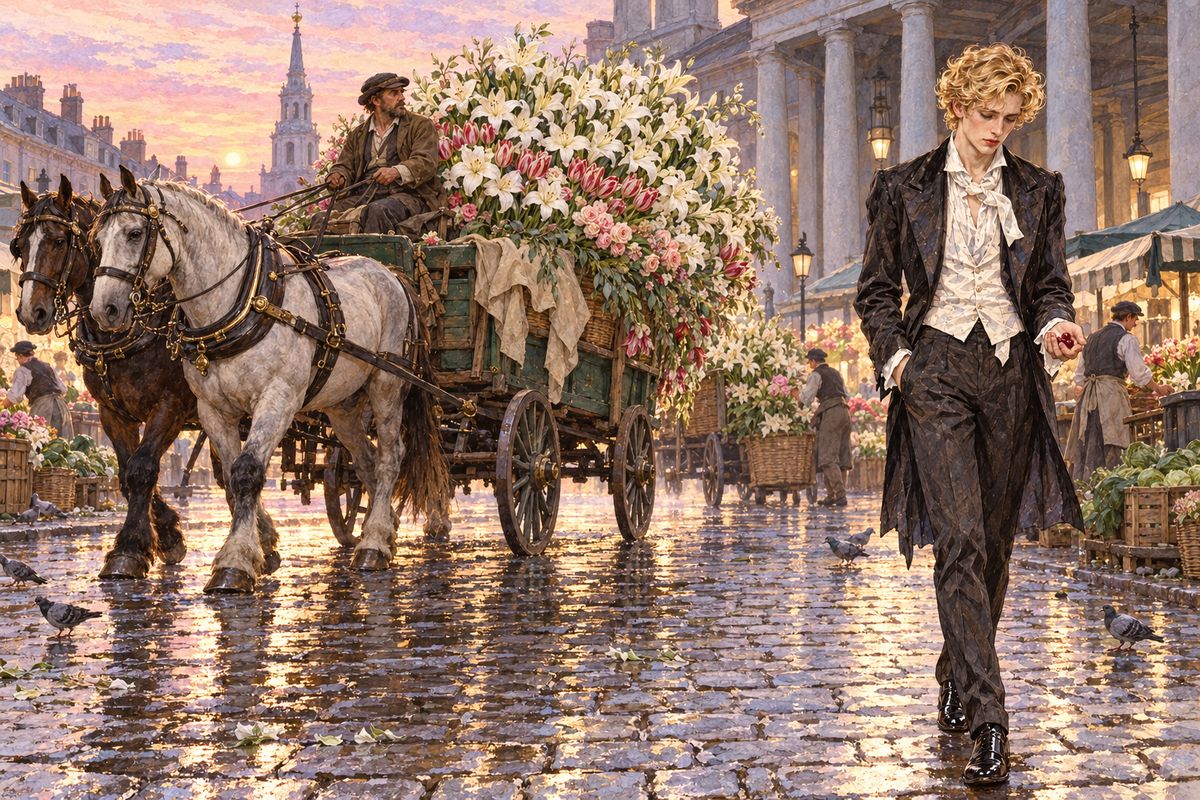 All night he wandered through dark, evil-smelling slums. At dawn he found himself at Covent Garden, where carts heaped with lilies rumbled down the empty street. A carter gave him cherries, and the scent of the flowers seemed to ease his pain.