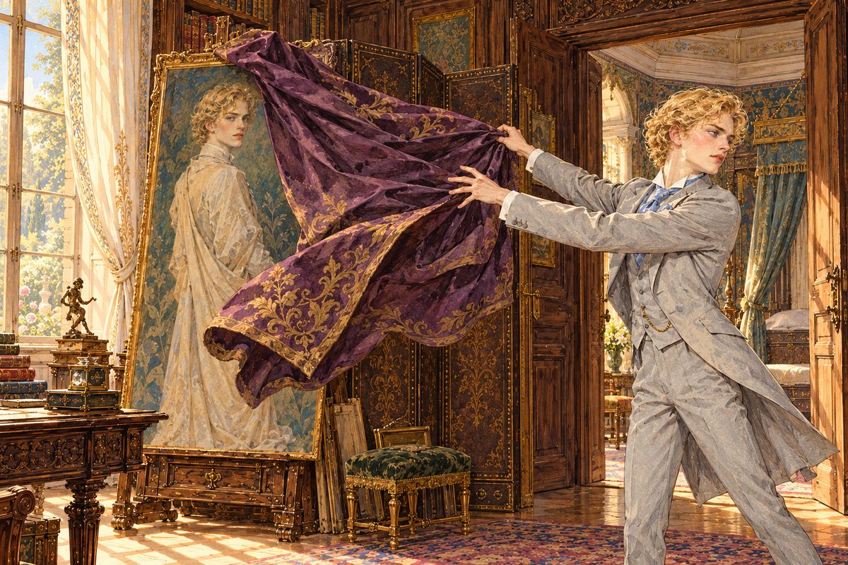 Dorian sent for the frame-maker and asked old Mrs. Leaf for the key of the schoolroom, which had stayed locked since his grandfather died. Alone again, he took a purple satin coverlet stiff with gold embroidery and went behind the screen. The gold hair and blue eyes were unchanged, but the mouth had grown cruel. His own soul seemed to be judging him, and he flung the pall over it.