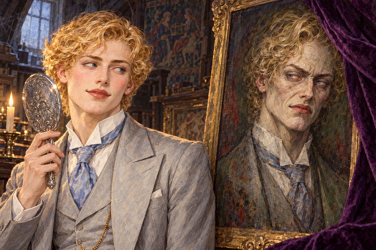 After his long, mysterious absences he would creep up to the locked room, draw back the purple-and-gold pall, and hold a mirror beside the portrait. The painted face grew older and coarser with every sin, while the face in the glass laughed back, young and fair. He placed his white hands beside the bloated painted ones, and smiled.