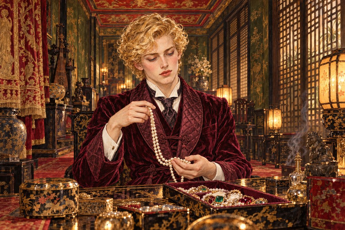 He went from passion to passion. He distilled heavy perfumes and gave strange concerts on instruments from dead nations. He spent whole days arranging his jewels, once wearing five hundred and sixty pearls to a costume ball, and filled cedar chests with tapestries and church vestments. Every treasure helped him forget, for a while, the thing upstairs.