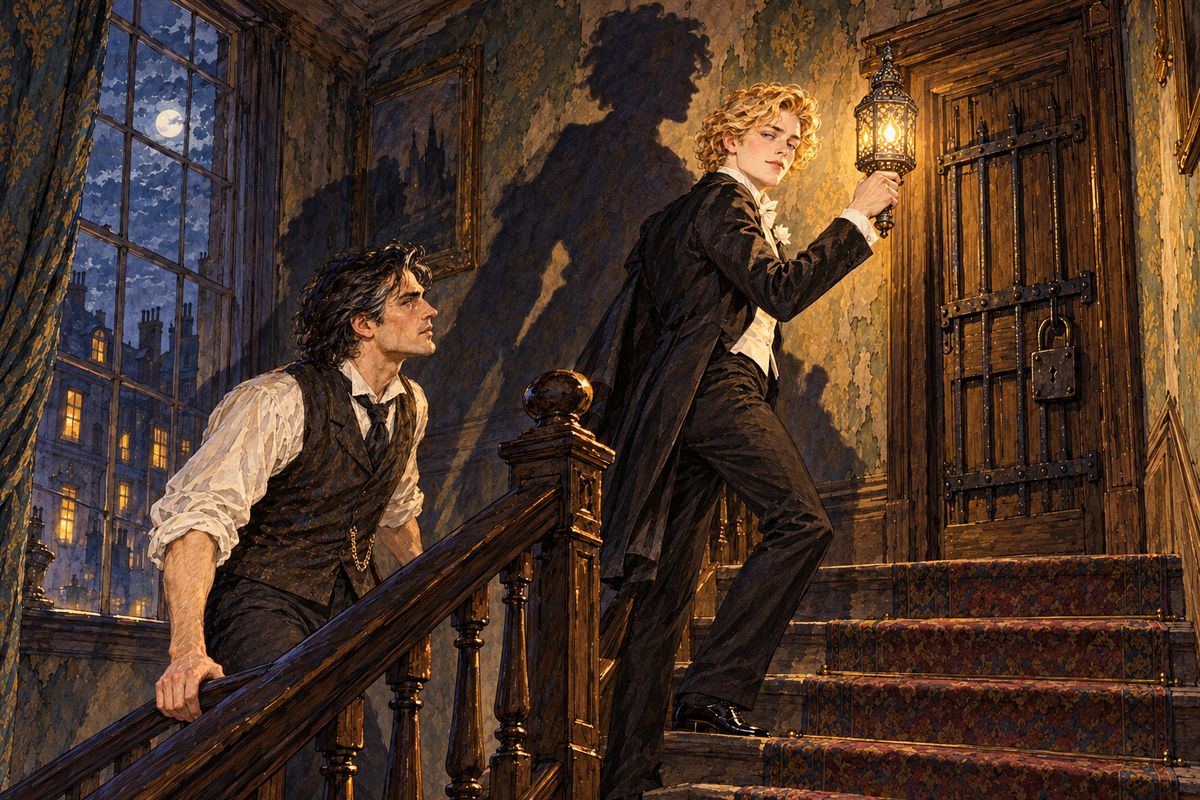 With a bitter laugh Dorian snatched up the lamp. "You shall see it yourself, to-night!" Basil, who had missed his train, followed him up the dark staircase, both treading softly as men do at night, while the lamp threw fantastic shadows on the walls and a rising wind rattled the windows.