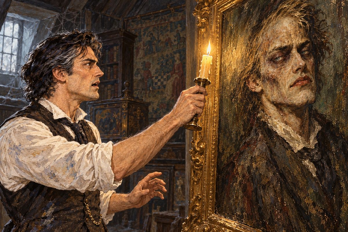 In the dusty, long-locked schoolroom Dorian tore the curtain from its rod. Basil cried out in horror. A leering, bloated face grinned from the canvas, still with some gold in the thinning hair and scarlet on the mouth. It was Dorian, and in the corner Basil's own name was signed in vermilion. "It is the face of my soul," said Dorian.