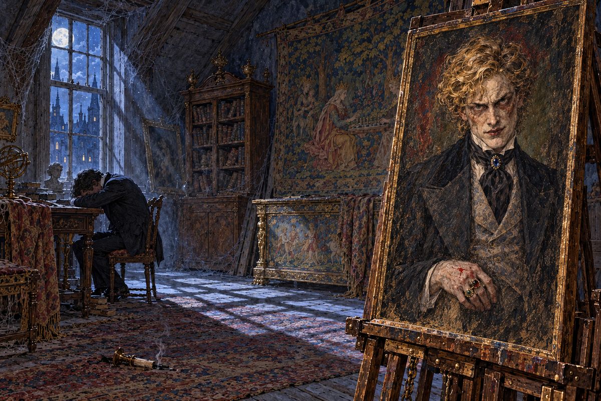 It was done quickly. Afterwards the room was utterly silent. The fog had blown away, the fallen candle lay cold on the threadbare carpet, and the figure at the table bent forward as if asleep. On the portrait's painted hand a small red stain had appeared, as though the canvas had sweated blood.