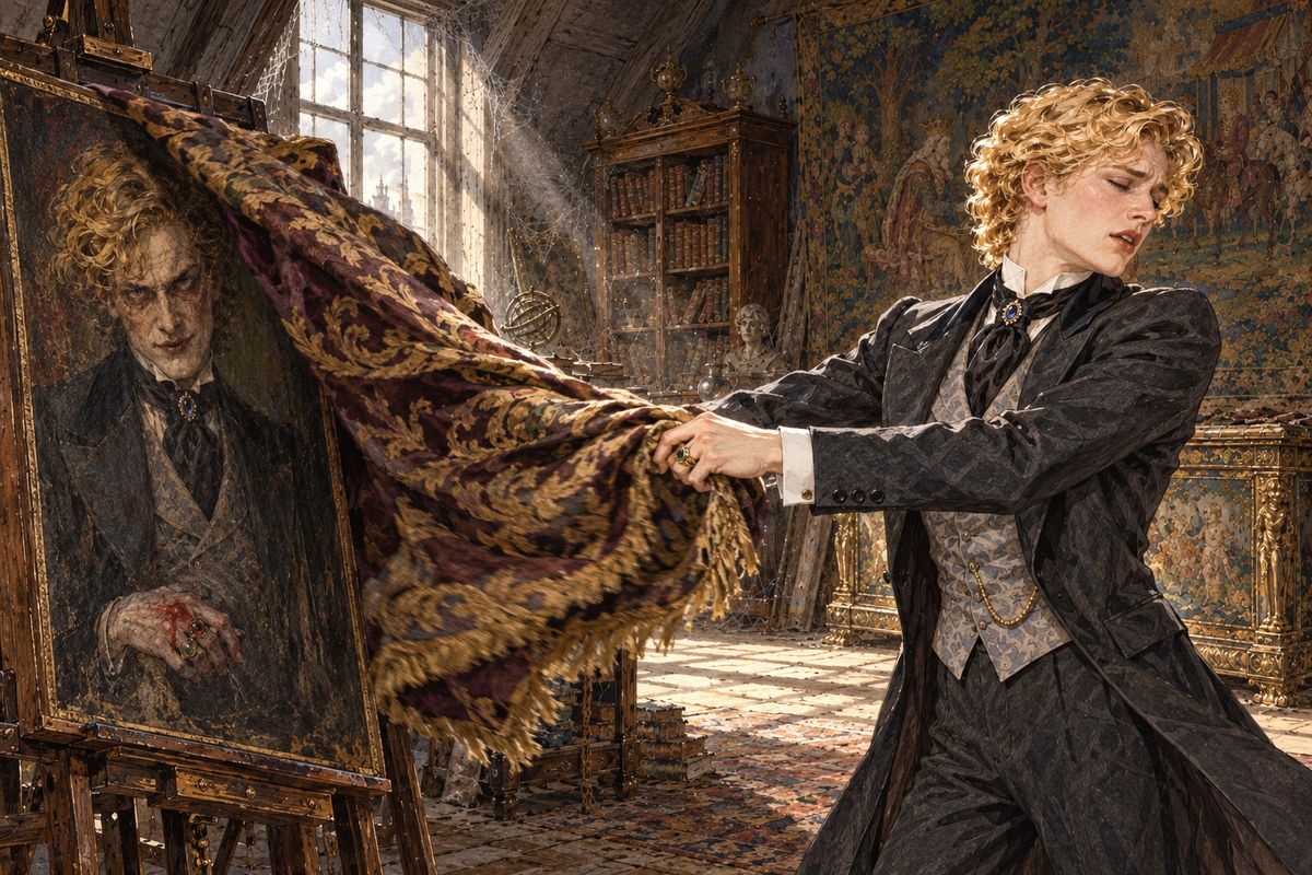 At the attic door Dorian saw that he had left the portrait uncovered. On one painted hand gleamed a wet red dew, as if the canvas had sweated blood. Without looking at the dead man, he flung the gold-and-purple hanging over the picture and fled. Hours later Campbell left, and only the smell of nitric acid remained.