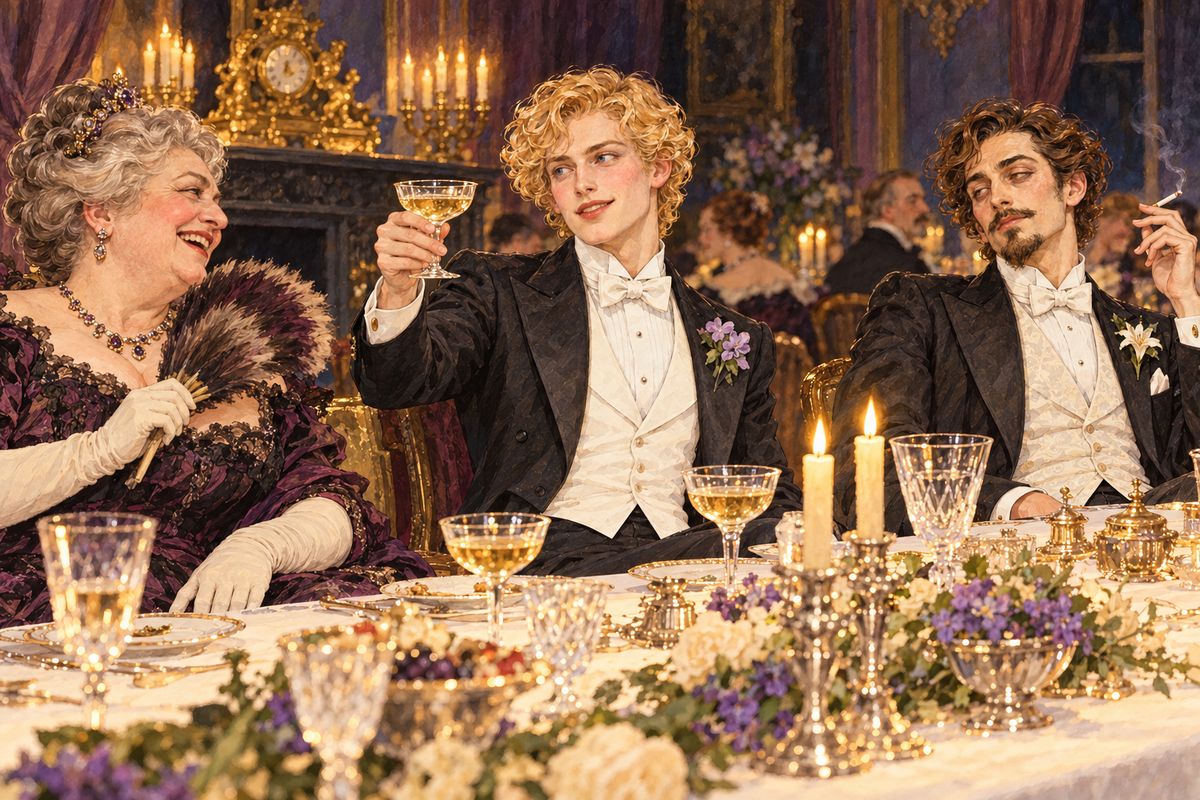 That night Dorian glittered at Lady Narborough's dull dinner, eating nothing and drinking champagne while Lord Henry declared, "A man can be happy with any woman, as long as he does not love her." Asked where he had gone last night, Dorian stumbled over his answer. At home he burned Basil's coat and bag, opened a hidden box of green opium paste, and slipped out in plain clothes into the night.